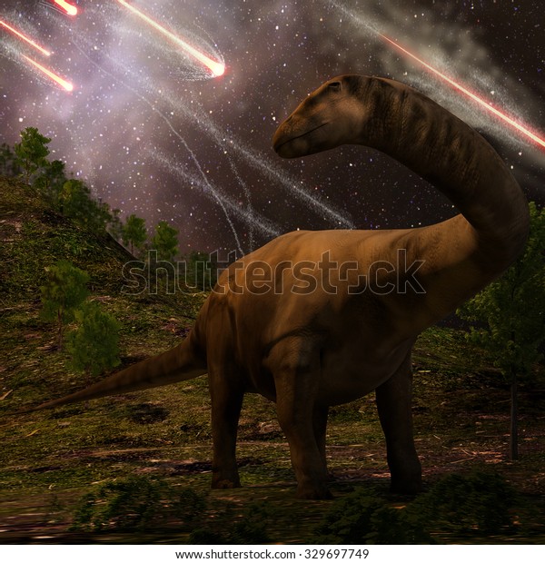 アパトサウルスは 6500万年前に恐竜が絶滅する恐れのある大きな小惑星の衝突に先立って降り注ぐ隕石を見ています のイラスト素材