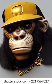 Ape With A Baseball Cap And Gold Necklace As A Cartoon Illustration. 3d Illustration