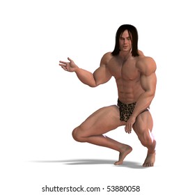 the apeman out of the jungle. 3D rendering with clipping path and shadow over white