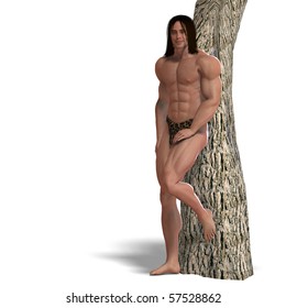 the apeman out of the jungle. 3D rendering with clipping path and shadow over white