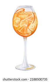 Aperol Spritz Cocktail Watercolor Hand Drawn Illustration. Drink Clipart On White Background.