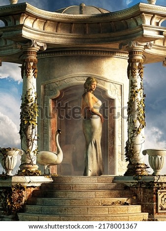 Aphrodite, the Greek goddess of love, stands before the door of a small ornate temple. Dressed in a flowing white gown, she glances over her shoulder at you. Beside her stands a swan. 3D Rendering ストックフォト © 
