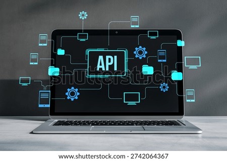 API interface on laptop with glowing tech icons in digital style on dark background showing network concept 3D Rendering