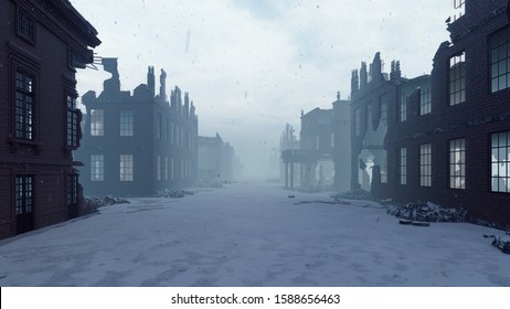 Apocalypse city in the snow. The camera flies through the ruined city. Deserted post-apocalyptic street in the rubble of buildings. The concept of the Apocalypse. 3D Rendering