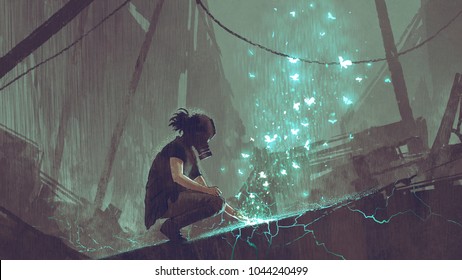 apocalypse concept of the man with a gas mask creating fairy light butterflies with magic, digital art style, illustration painting
