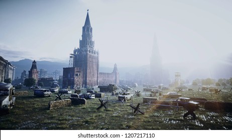 Apocalypse Of Russia. Aerial View Of The Destroyed Moscow City, Red Square. Apocalypse Concept. 3d Rendering.