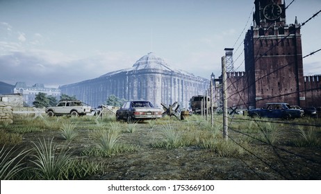 Apocalypse Of Russia. Aerial View Of The Destroyed Moscow City, Red Square. Apocalypse Concept. 3d Rendering.