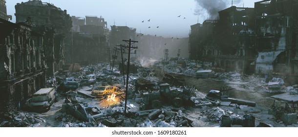 Apocalypse survivor concept, Ruins of a city. Apocalyptic landscape 3d render , 3d illustration concept	
