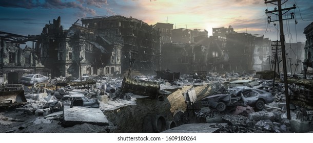 Apocalypse survivor concept, Ruins of a city. Apocalyptic landscape 3d render , 3d illustration concept	
