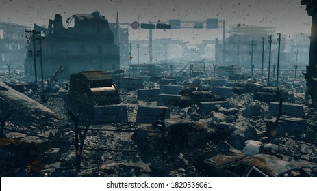 Apocalypse Survivor Concept, Ruins Of A City. Apocalyptic Wasteland Landscape 3d Render