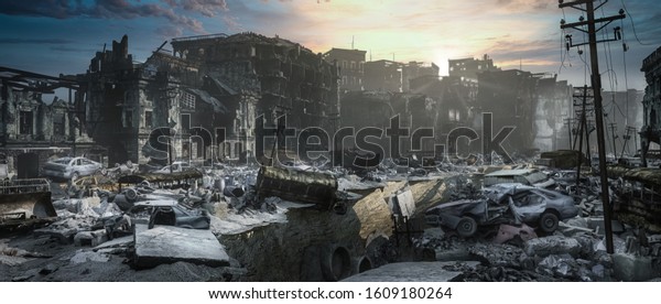 Apocalypse survivor\
concept, Ruins of a city. Apocalyptic landscape 3d render , 3d\
illustration\
concept	\
