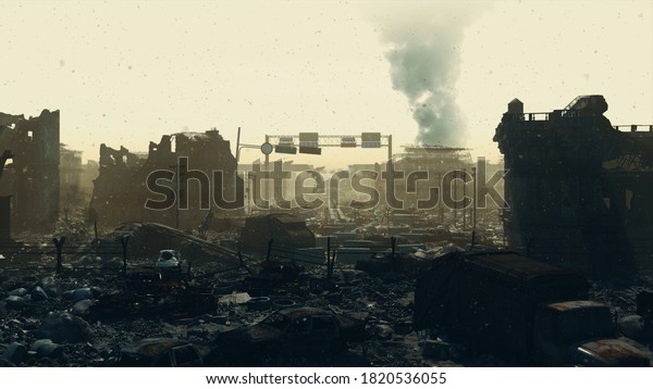 Apocalypse survivor concept, Ruins of a city.\
Apocalyptic wasteland landscape 3d\
render