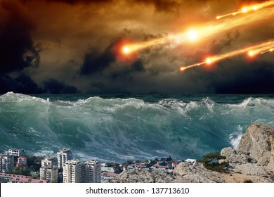 Apocalyptic background - giant tsunami waves, small coastal town, city, asteroid impact