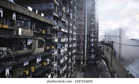 Apocalyptic City Build. Overpopulation Problem. Realistic 4k Animation. 3d Rendering. 3D Illustration