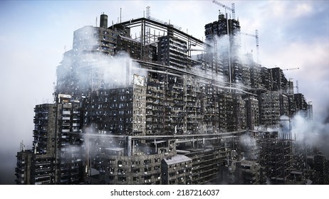 Apocalyptic City Build. Overpopulation Problem. Realistic 4k Animation. 3d Rendering. 3D Illustration