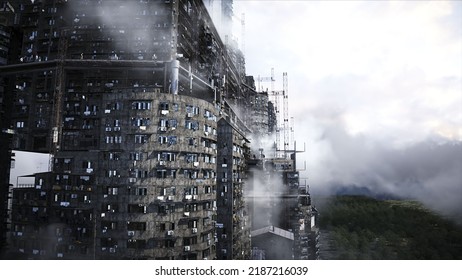 Apocalyptic City Build. Overpopulation Problem. Realistic 4k Animation. 3d Rendering. 3D Illustration