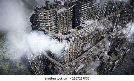 Apocalyptic city build. Overpopulation problem. Realistic 4k animation. 3d rendering. 3D Illustration