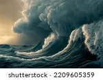 Apocalyptic dramatic background,  giant tsunami waves, dark stormy sky, Tornado. Huge waves Tsunami Big waves. 3d render

