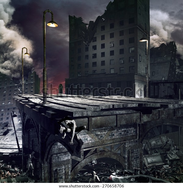 荒廃した都市 橋 ゾンビを破壊した黙示録的な風景 のイラスト素材