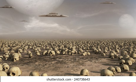 Apocalyptic scenery with spaceships, desert, skulls and planets