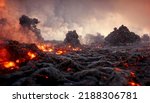 Apocalyptic volcanic landscape with hot flowing lava and smoke and ash clouds. Dangerous nature environment. Eruption of active volcano. 3D illustration.