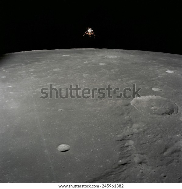 Apollo 12 lunar module Intrepid landing on the
Moon's surface. It landed in the Ocean of Storms. The photo was
taken Astronaut Richard Gordon from the orbiting Command Module on
Nov. 19, 1969.