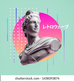 Apollo background concept. Retro wave background. 3D rendering. "Retro wave" written in Japanese.