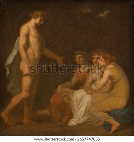 Apollo instructs the Parces to seek out Ceres, who has fled the earth by Nicolai Abildgaard. People in vintage oil painting. Beautiful vintage oil painting with people. Vintage art illustration.