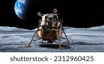 Apollo Lunar Module landed on the Moon surface with planet Earth on the starry sky background. Lunar surface panorama. Space and planets exploration mission, terraforming, colonization concept, 3D