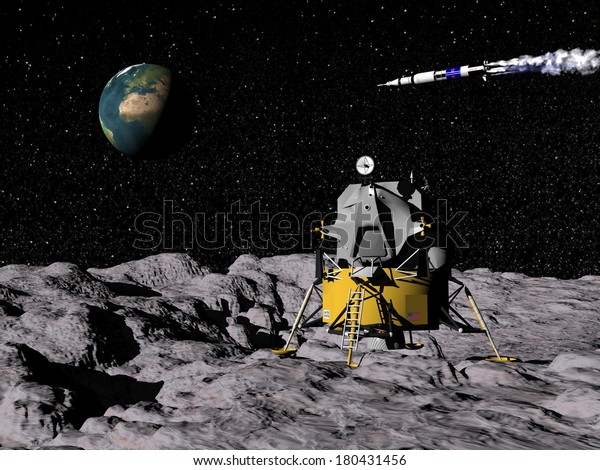 Apollo on moon surface,\
saturn V in the background with earth - Elements of this image\
furnished by NASA