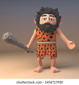 Apologetic caveman with long beard and animal pelt spreads his arms in a plea while holding prehistoric club, 3d illustration render