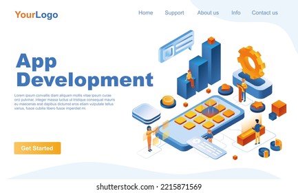App development isometric landing page template. Creation of mobile application 3d concept. Developers create program, mobile app interface, working on software. Illustration in flat design