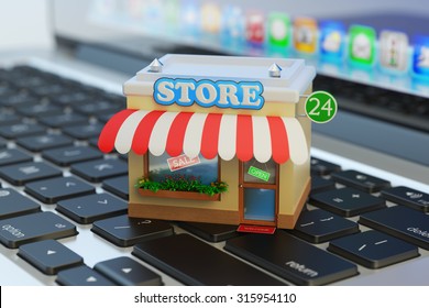 App store, internet market, online home shopping and e-commerce concept, shop building on computer laptop keyboard macro view