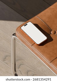 App or website presentation mockup featuring a phone with a blank screen on a minimalist leather bench.