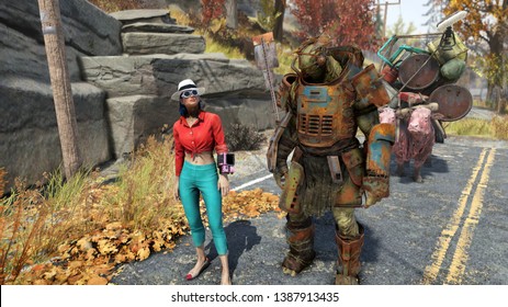 Appalachia, West Virginia / USA - 05.04.19: Girl And Supermutant. Fallout 76 Game Screenshot.