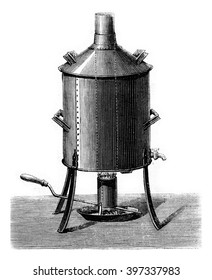 Apparatus for making beer, vintage engraved illustration. Magasin Pittoresque 1873.