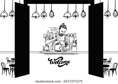 Appearance of a coffee shop with an open door showing a welcome greeting to customers with a barista who is busy working on making coffee for customers. - Powered by Shutterstock