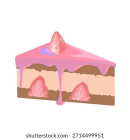 An appetizing slice of layered cake, combining vanilla and chocolate flavors with melting strawberry sauce