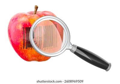 Apple with barcode label under magnifying glass, loupe. 3D rendering isolated on white background