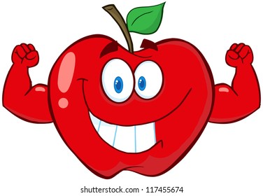 Apple Cartoon Mascot Character With Muscle Arms. Raster Illustration.Vector Version Also Available In Portfolio.