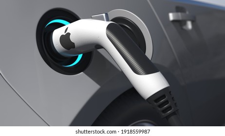 Apple Inc. Logo On The Electric Car Plug. Editorial Conceptual  Animation 3D Rendering