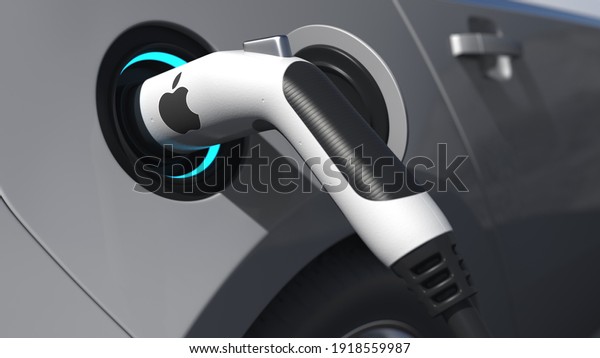 Apple inc. logo on the electric car plug.\
editorial conceptual  animation 3D\
rendering