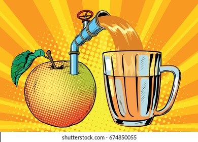 Apple juice is poured into a mug. Pop art retro comic book  illustration