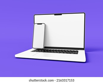 Apple Macbook Laptop And IPhone 13 Pro Max Smartphone In Minimal Style For Mockup And Responsive Website. Blank Screen Laptop Computer, Apple Mobile Phone 2022. 3D Rendered Illustration .