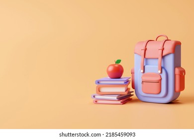 Apple on Stack Books Bag And Alarm Clock. Back To School. 3d render - Powered by Shutterstock