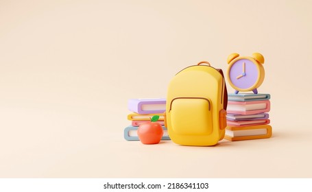 Apple on Stack Books Bag And Alarm Clock. Back To School. 3d render. - Powered by Shutterstock