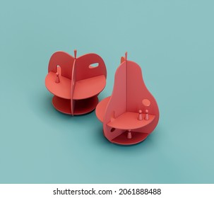 Apple And Pear Shape Table.  Isometric Red Color Preschool Kindergarden Object For Physical And Mental Development Of Children. Monochrome Single Color, 3d Rendering. No People.