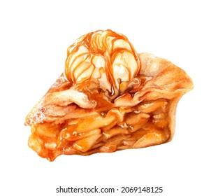 Apple pie with ice cream watercolor isolated on white background