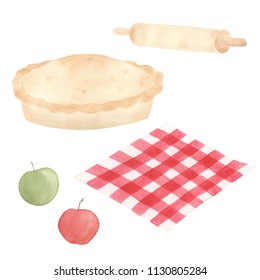 Apple Pie Watercolor Illustration Kitchen Towel Rolling Pin Cooking Bakery Cafe