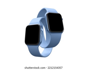 Apple Smart Watch Mockup. New Apple Smart Watch Black Display Screen With Blue Wrist Band. Smart Fitness Digital Clock. 3d Rendered Illustration.